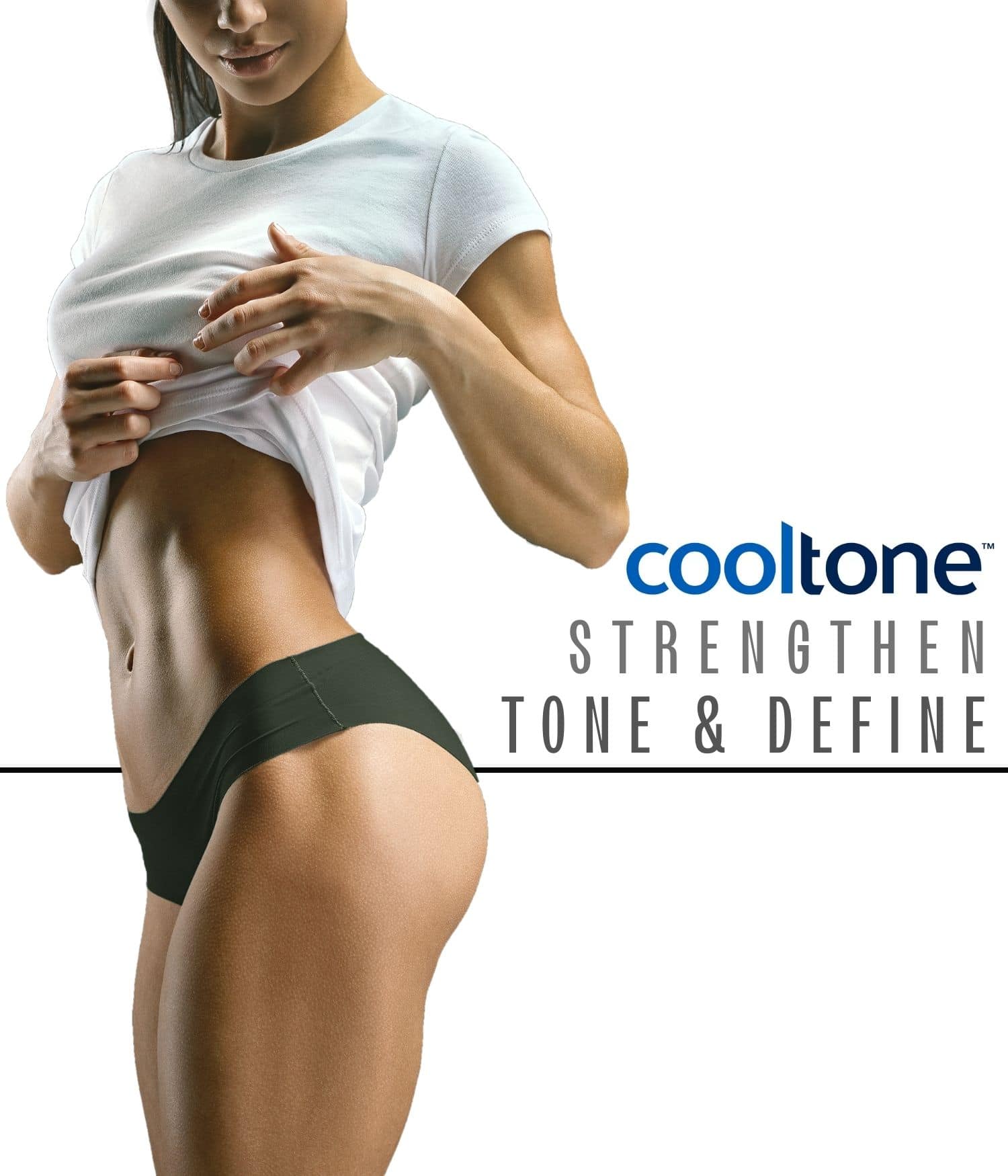 Woman posing together in athletic clothing showing their toned bodies after CoolTone treatment at Admire Aesthetics.