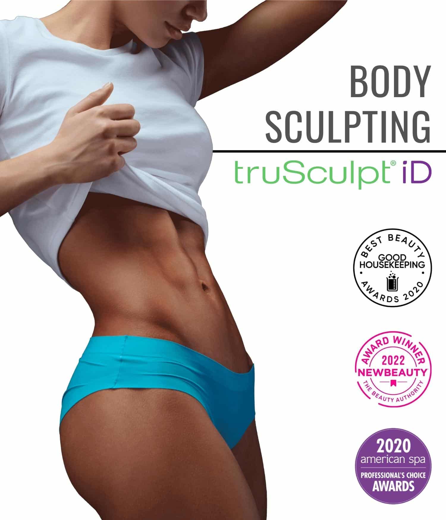 Fitness woman with her flat belly promoting TruSculpt iD.