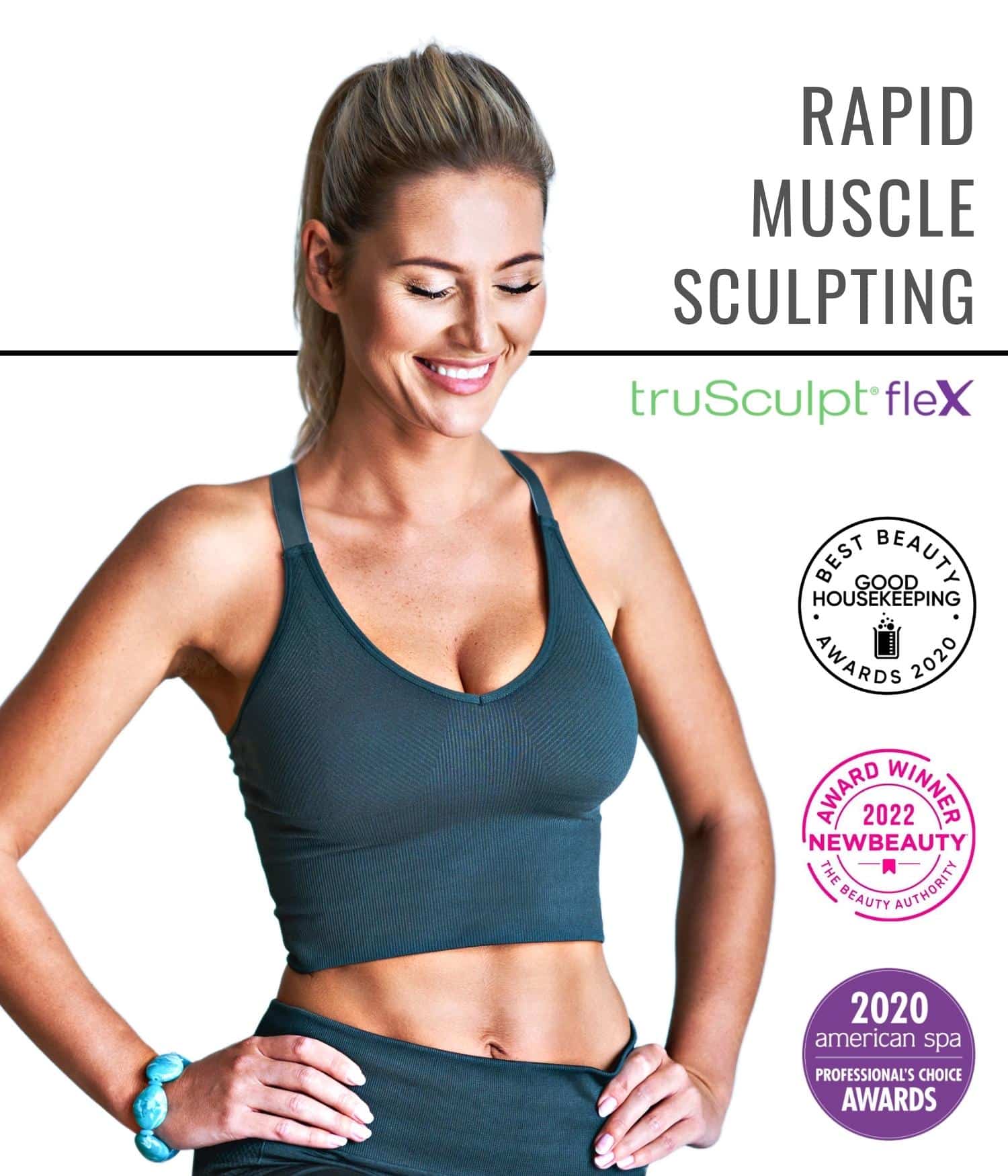 Portrait of a fit woman promoting TruSculpt Flex treatment