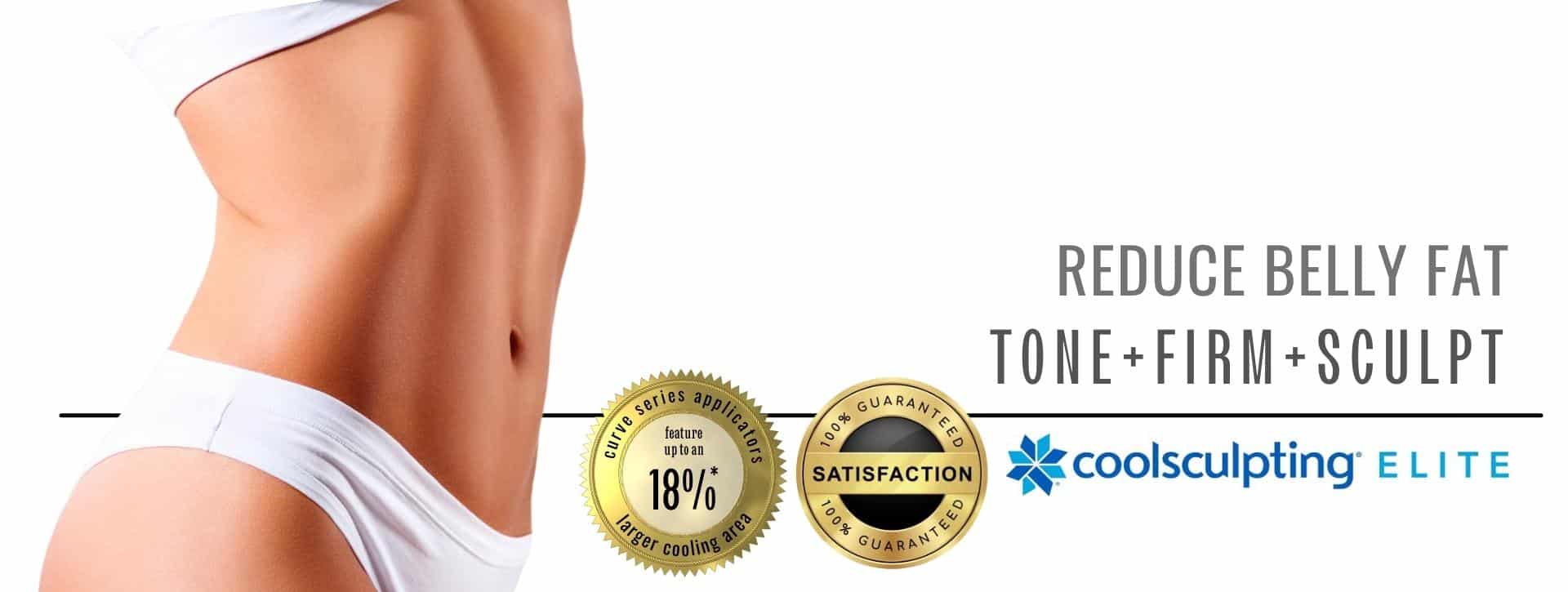 Woman in white underwear with a flat abdomen promoting CoolSculpting Elite -a service offered at Admire Aesthetics