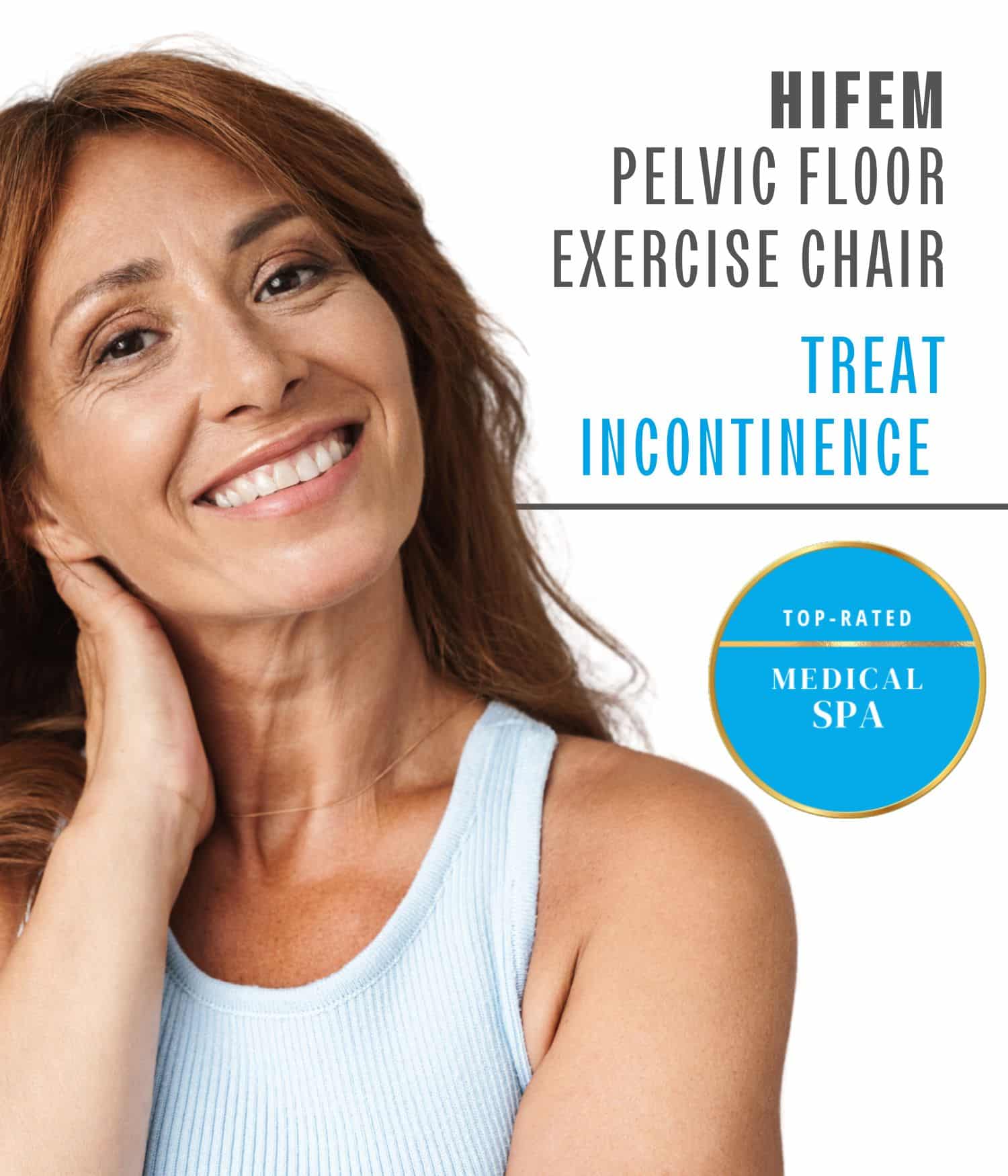 A woman smiling, HIFEM Pelvic Floor Exercise Chair.