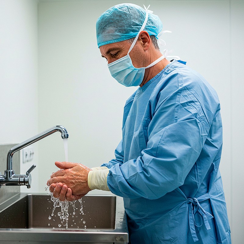 A surgeon is washing his hands.