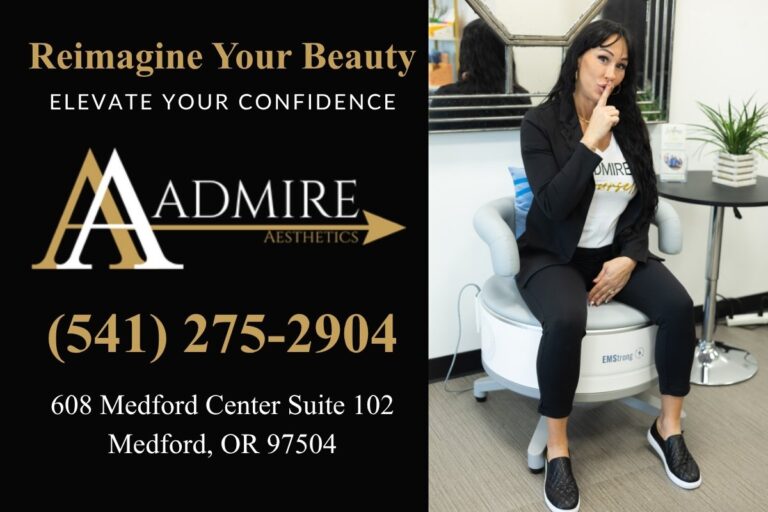 1A. Admire Aesthetics Logo Gold Arrow & White Owner Of Admire Aesthetics, Tiffany, sitting on the HIFEM Chair.