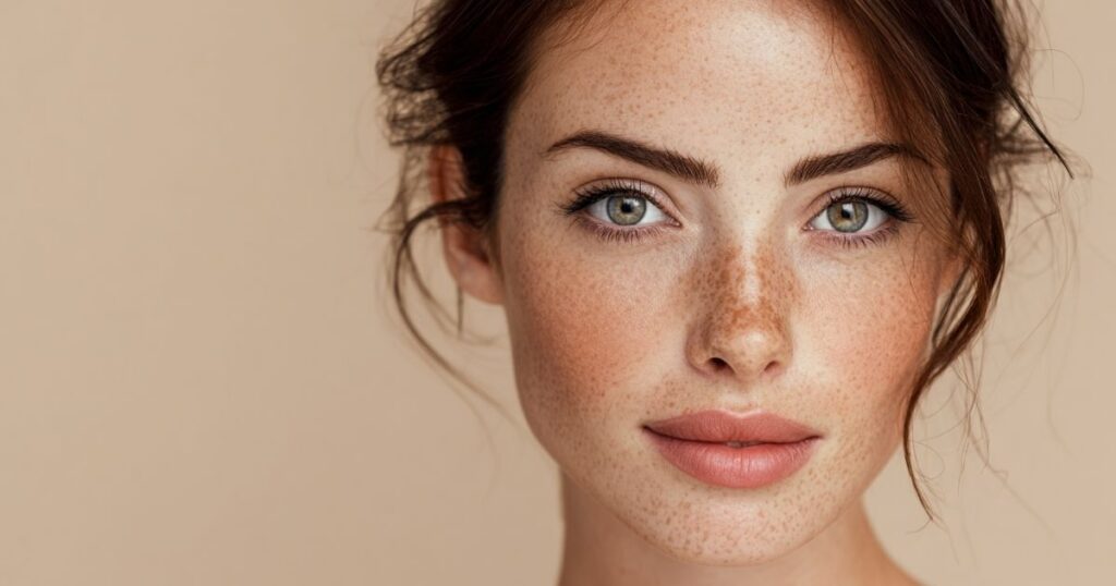 Close-up portrait of a woman with green eyes, auburn hair, fair skin, and prominent freckles against a beige background.