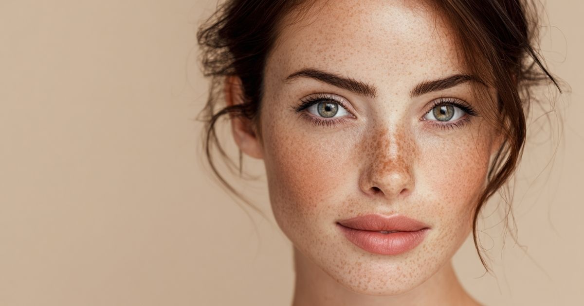 Blog-Admire Aesthetics-Sofwave Downtime And Aftercare What to Expect the First Few Days After Treatment Close-up portrait of a woman with green eyes, auburn hair, fair skin, and prominent freckles against a beige background.